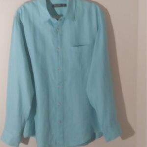Nautica‎ Linen Mens Blue Green Summer Button Up Shirt Large